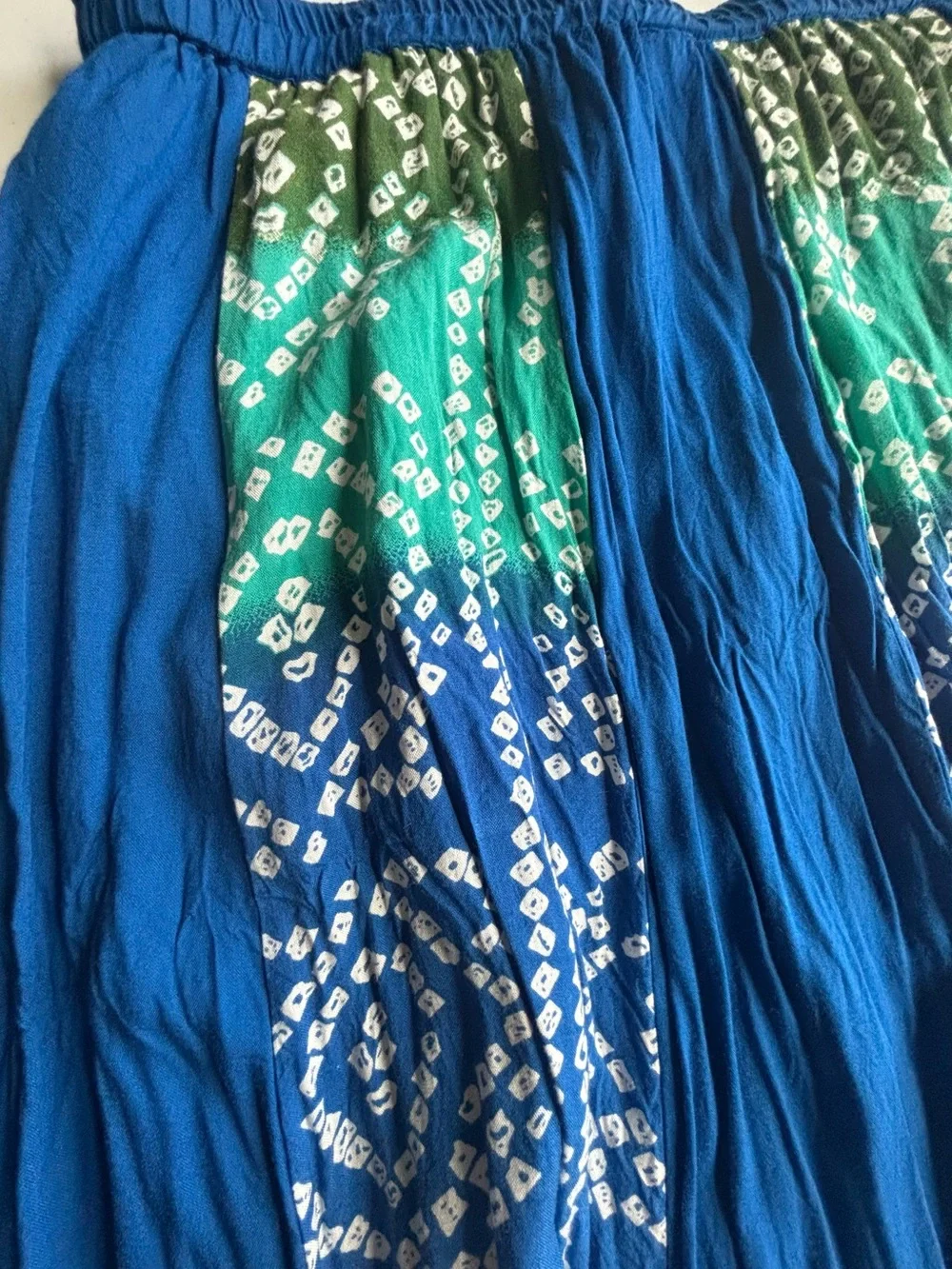 Serengeti Blue Green Batik Print Midi Skirt Size L Boho Elastic Waist